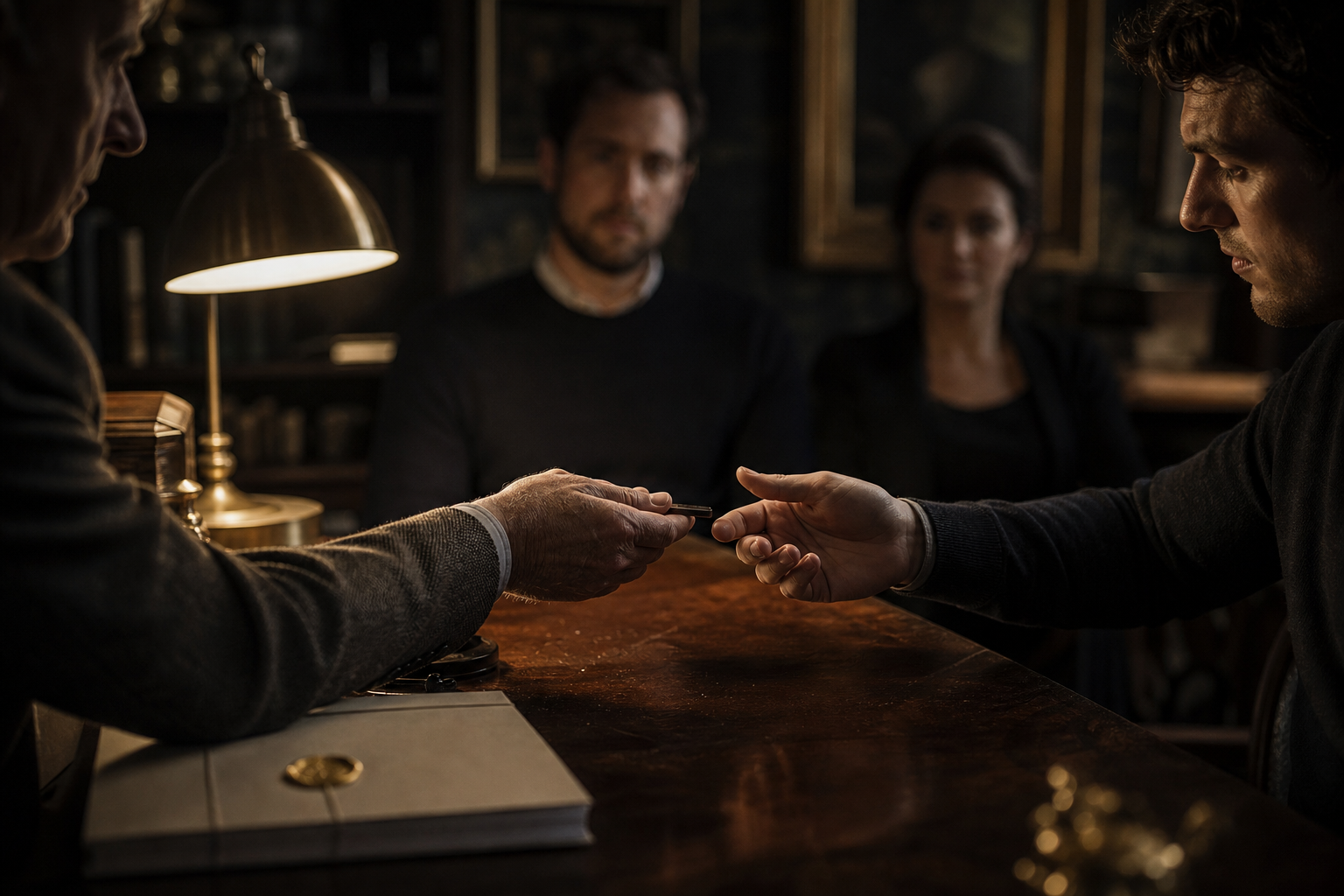 A parent passing a small proof envelope to relatives while the will stays sealed and unread on the desk.